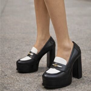 Michael Kors Leather Platform Loafers Black White MK Logo Heels 8.5